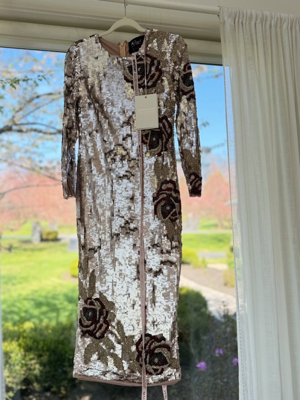 Mac Duggal Rose Sequin Midi Dress in vintage Rose Blush Silver